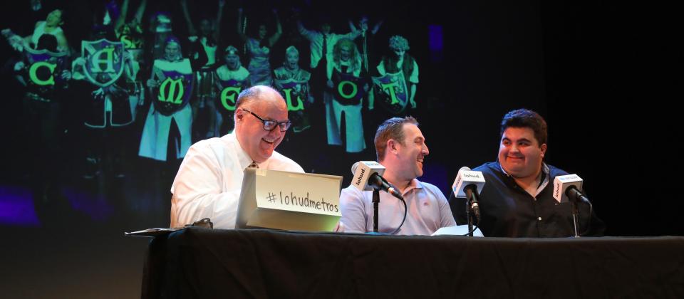 Lohud.com reporter Peter D. Kramer, left, is joined by Metros producers Blake Spence, center, and Jordan Singer as they announce nominations for the 2023 Metro Awards at Tarrytown Music Hall on Monday, May 15, 2023. The awards ceremony will be held June 12, hosted by Broadway veterans Kerry Butler and David Josefsberg of "Beetlejuice."May 15, 2023.