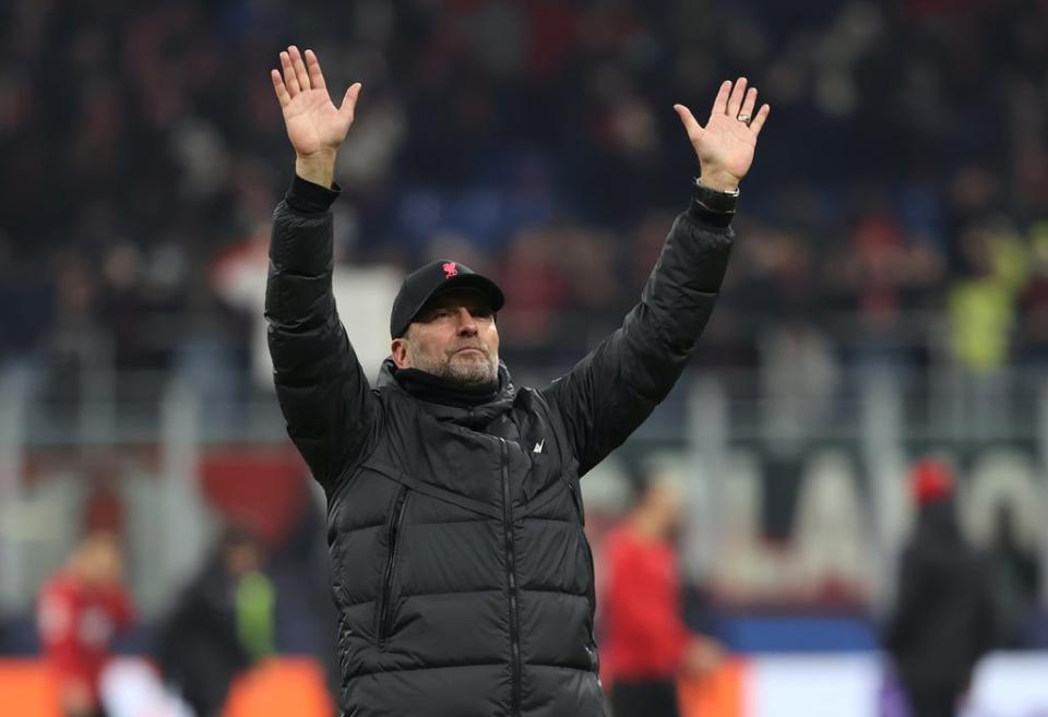 Liverpool manager Jurgen Klopp was delighted with his team’s performance in the 2-1 win over AC Milan (Fabrizio Carabelli/PA) (PA Wire)