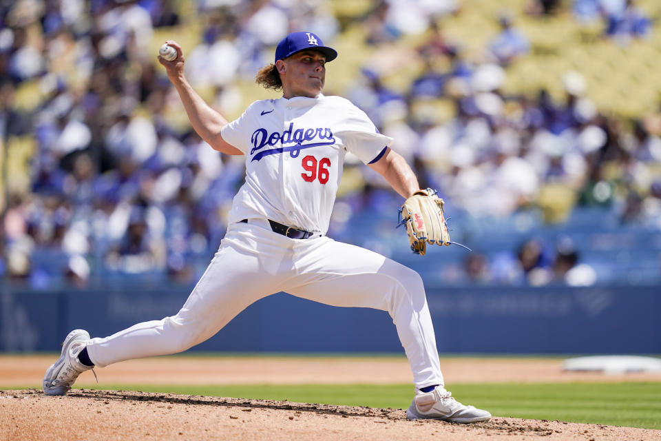 Los Angeles Dodgers starting pitcher Landon Knack throws during the fifth inning of a baseball game against the Washington Nationals, Wednesday, April 17, 2024, in Los Angeles. (AP Photo/Ryan Sun)