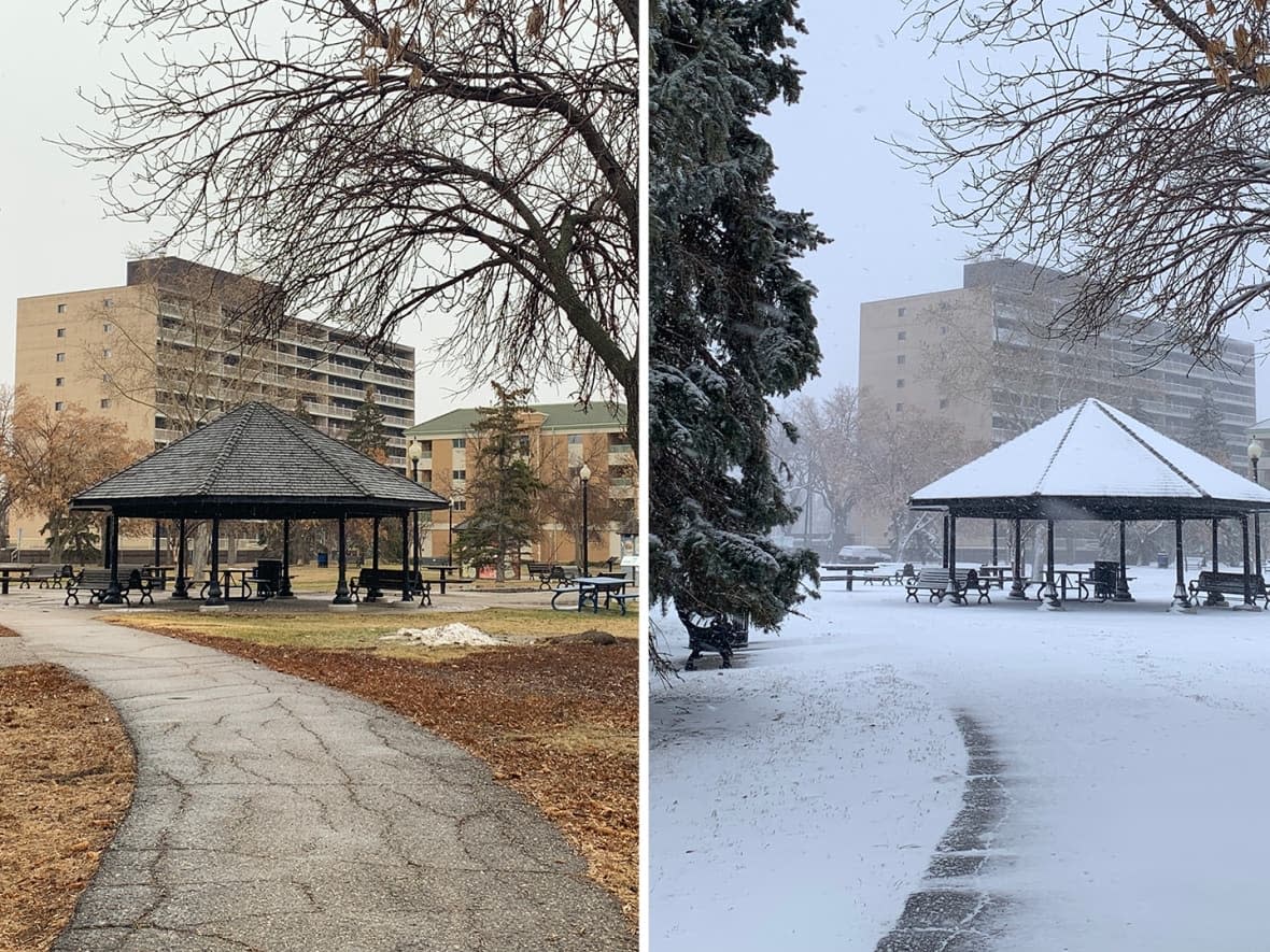 Central Park in Regina on April 18, left, then again on the morning of April 19 covered in snow. (Jenna Leith/CBC - image credit)