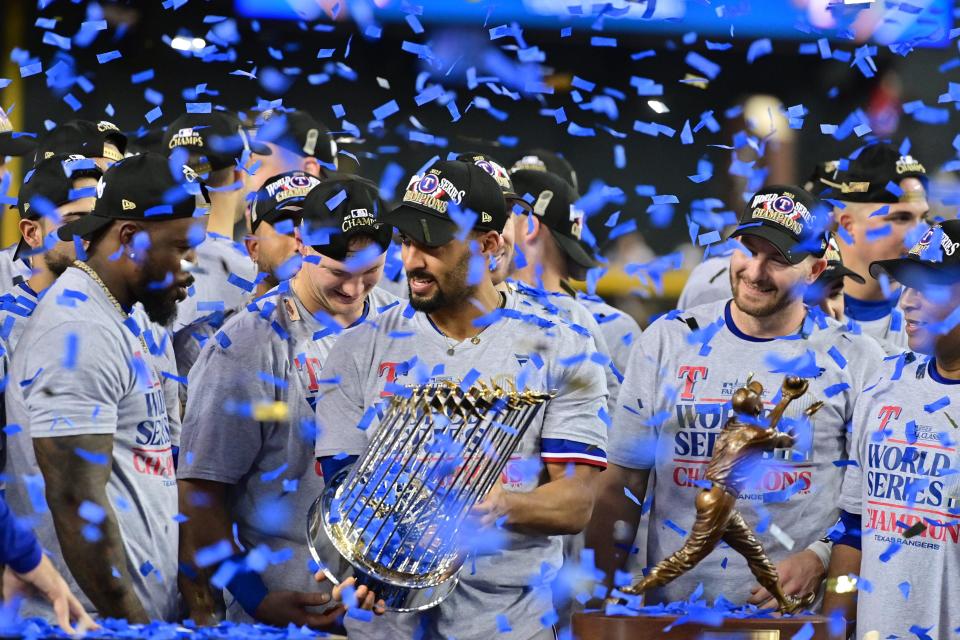 The Texas Rangers celebrate their first World Series championship in franchise history by defeating the Arizona Diamondbacks.