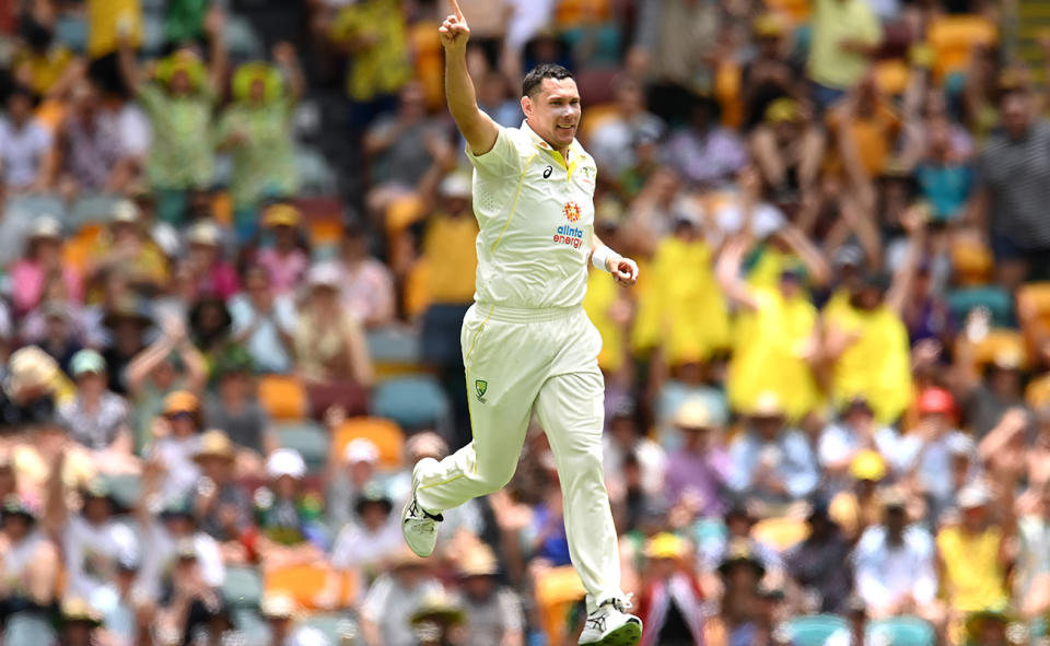 Scott Boland, pictured here celebrating the wicket of Sarel Erwee in the first Test between Australia and South Africa.