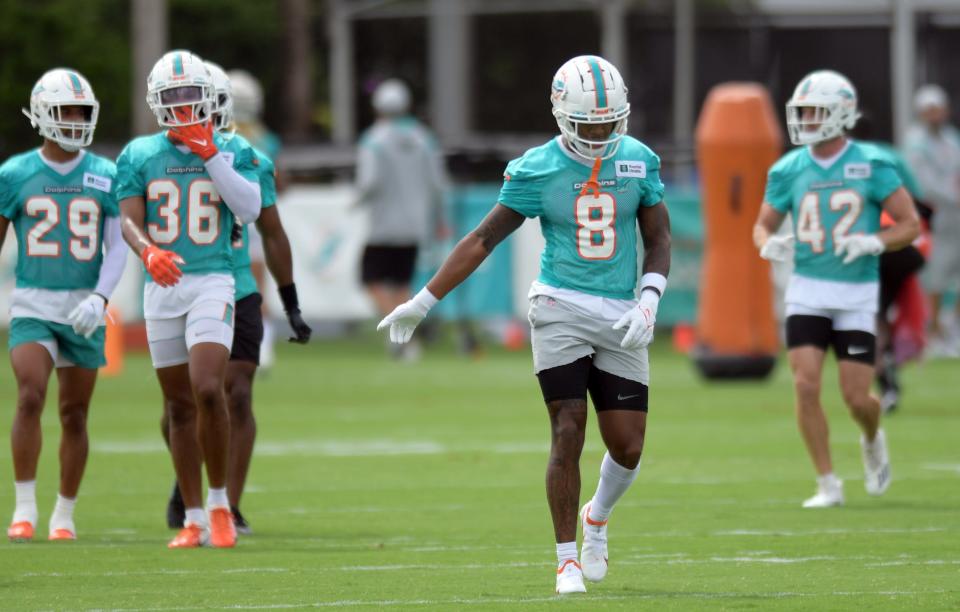 Miami Dolphins safety Jevon Holland (8) participates in training camp at Baptist Health Training Complex, Wednesday, July 27, 2022 in Miami Gardens.