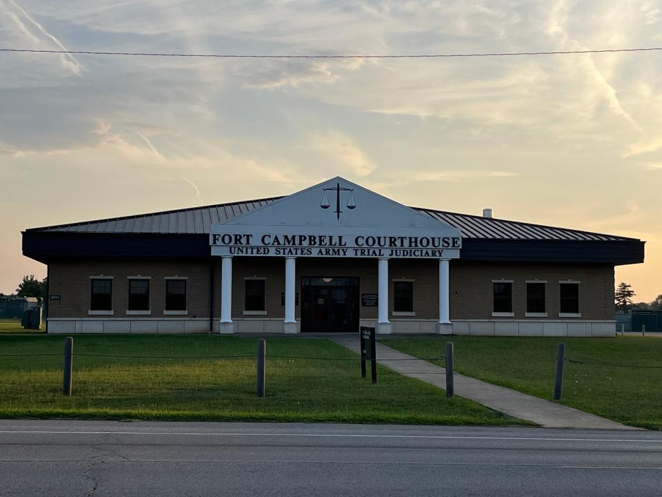 The courthouse in Fort Campbell as families began leaving after an emotional day of waiting to hear the sentencing of Sgt. 1st Class Joseph A. Santiago on August 2, 2023.