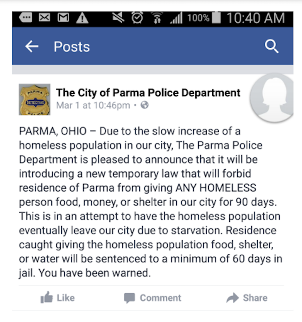 A screenshot from Anthony Novak’s fake Parma Police Department Facebook page. <a href="https://www.oyez.org/cases/1987/86-1278" rel="nofollow noopener" target="_blank" data-ylk="slk:City of Parma brief to U.S. Supreme Court;elm:context_link;itc:0;sec:content-canvas" class="link ">City of Parma brief to U.S. Supreme Court</a>