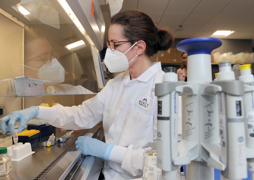 At ABI-LAB in Natick, Laura Bortolin, co-director of research and development for Mercy BioAnalytics, works with a liquid biopsy diagnostic assay for the early detection of cancer in a biosafety cabinet, May 12, 2021.