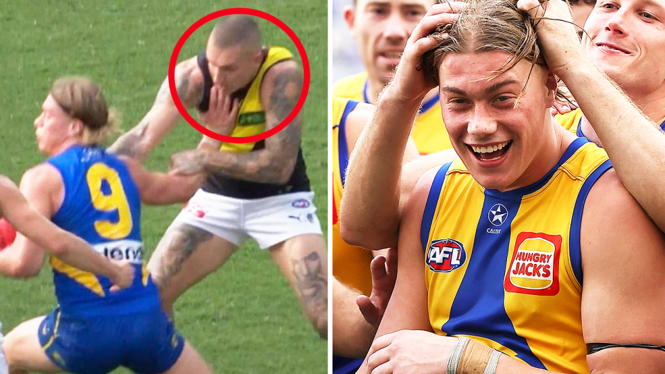 Young West Coast star Harley Reid (pictured) was praised for his performance against the Tigers and admitted it was 'surreal' going up against Dustin Martin (pictured left). (Images: Channel 7/Getty Images)