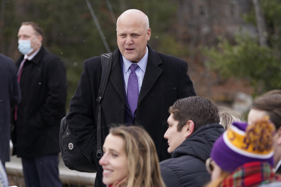 Former New Orleans Mayor Mitch Landrieu walks before President Joe Biden speaks during a visit to the NH 175 bridge over the Pemigewasset River to promote infrastructure funding, Tuesday, Nov. 16, 2021, in Woodstock, N.H. (AP Photo/Evan Vucci)