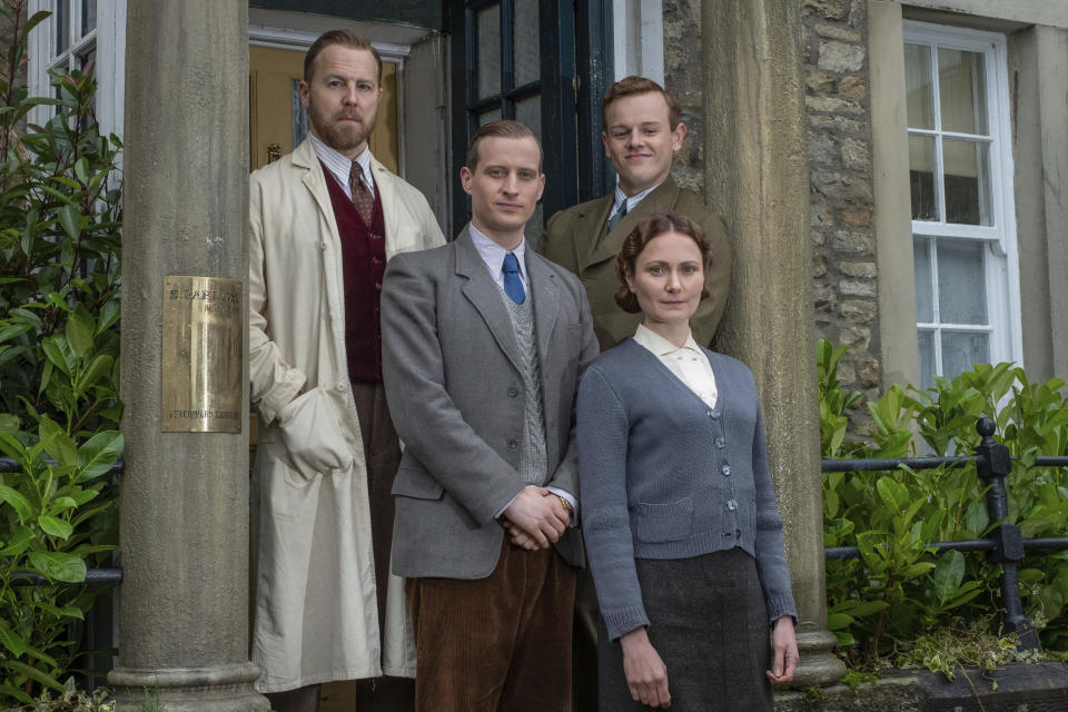 This image released by PBS shows the cast of "All Creatures Great and Small on MASTERPIECE," from left, Samuel West, Nicholas Ralph, Callum Woodhouse and Anna Madeley. The seven-part series based on James Herriot’s adventures as a veterinarian in 1930’s Yorkshire premieres on Sunday. (Matt Squire/ Playground Television and PBS via AP)