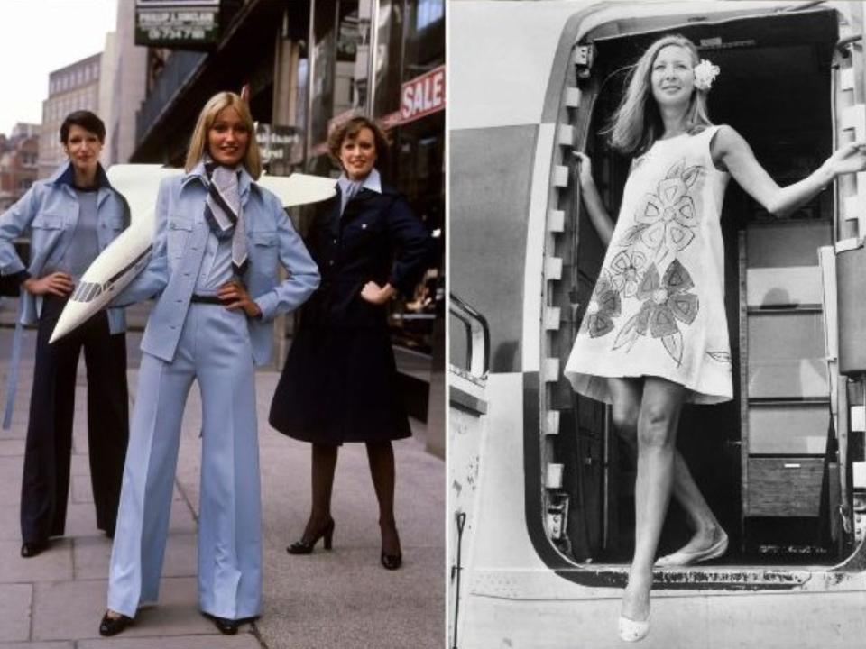 The pale blue and navy Concord uniforms next to a photo of a woman standing in an aircraft door wearing the paper dress.