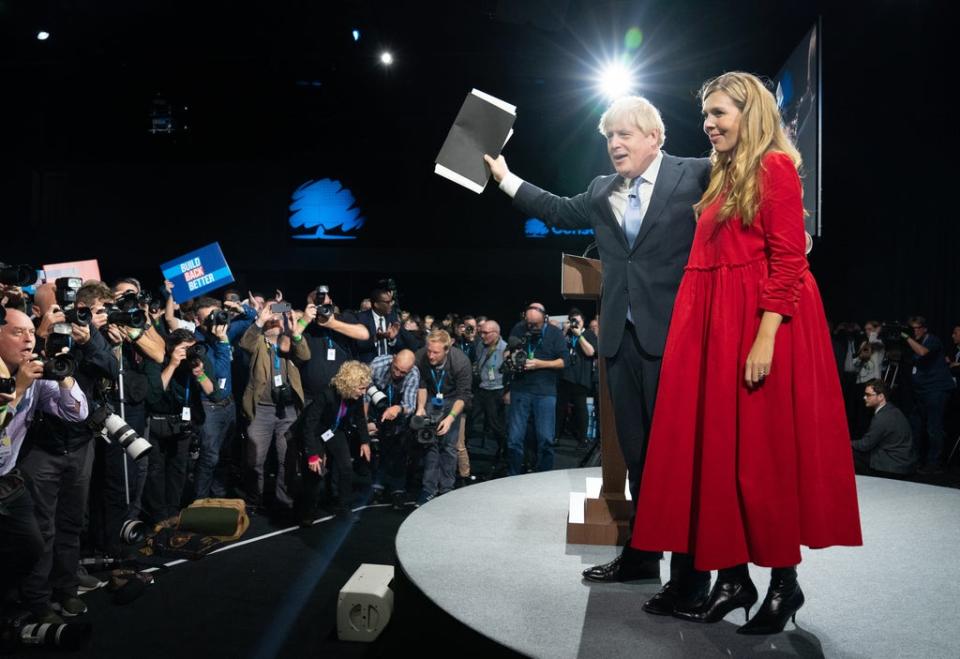 Prime Minister Boris Johnson is joined by his wife Carrie on stage after delivering his keynote speech at the Conservative Party conference in Manchester (Stefan Rousseau/PA) (PA Wire)