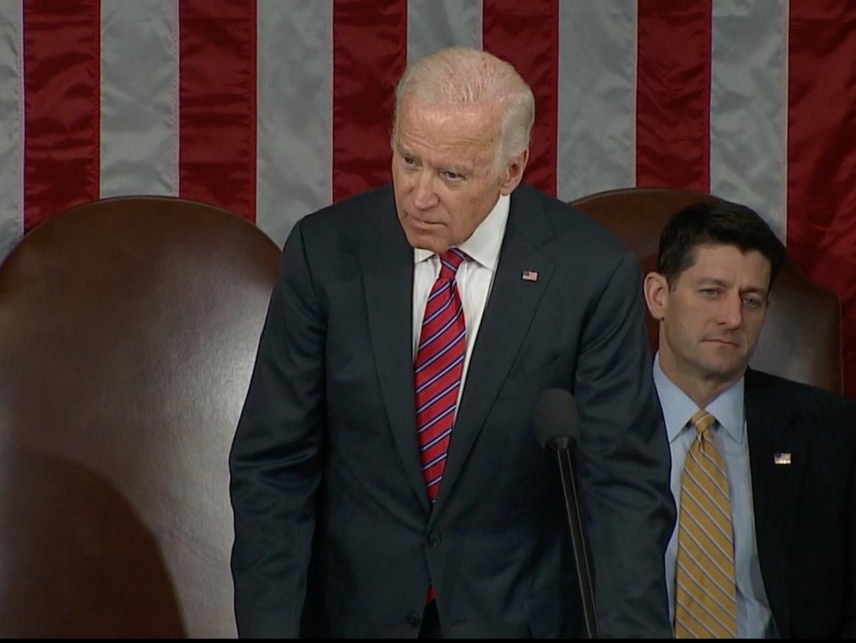 <p>Then vice president Joe Biden presiding over the certification of Electoral College votes on Friday 6 January 2017.</p> ((CNN))