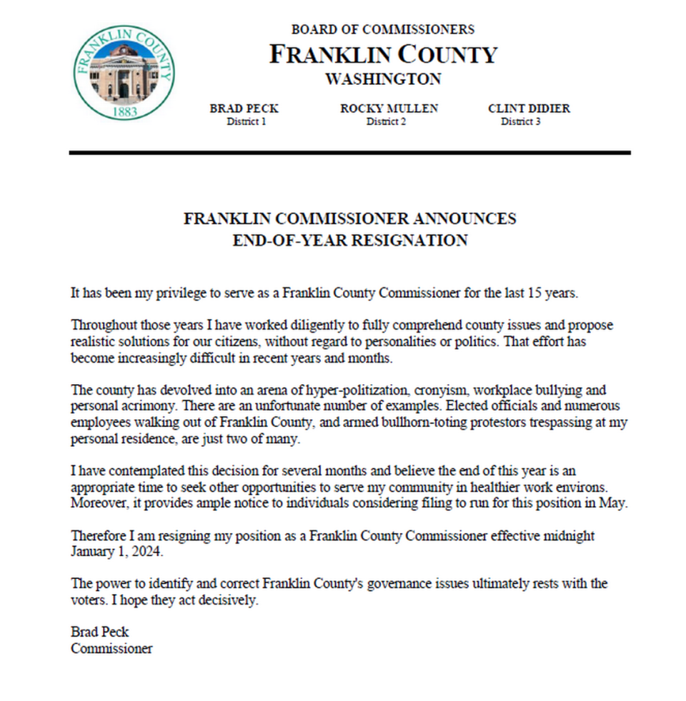 Franklin County Commissioner Brad Peck’s resignation letter.