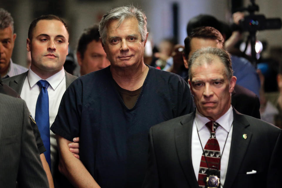 FILE - In this Thursday, June 27, 2019 file photo, Paul Manafort arrives in court in New York. President Trump's former campaign manager is to be arraigned on state mortgage fraud charges. President Donald Trump on Wednesday, Dec. 23, 2020 issued pardons and sentence commutations for 29 people, including former campaign chairman Paul Manafort and Charles Kushner, the father of his son-in-law, in the latest burst of clemency in his final weeks at the White House. (AP Photo/Seth Wenig, File)