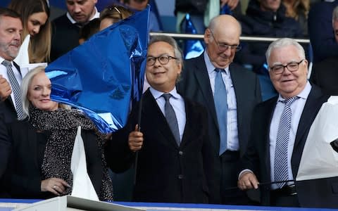 Farhad Moshiri watches on from the Goodison stands - Credit: getty images