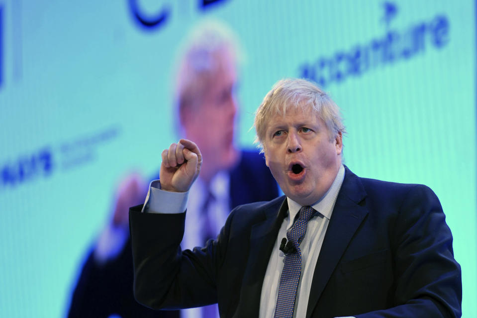 Britain's Prime Minister Boris Johnson speaking to an audience at the Confederation of British Industry (CBI) annual conference in London, Monday Nov. 18, 2019. Britain's Brexit is one of the main issues for political parties and for voters, as the UK goes to the polls in a General Election on Dec. 12. (Stefan Rousseau/PA via AP)