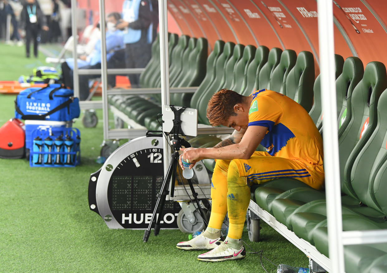 DOHA, QATAR - FEBRUARY 11: Carlos Salcedo of Tigres UANL reacts following the FIFA Club World Cup Qatar 2020 Final between FC Bayern Muenchen and Tigres UANL at the Education City Stadium on February 11, 2021 in Doha, Qatar. (Photo by David Ramos - FIFA/FIFA via Getty Images)