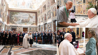 El Papa Francisco con los participantes de la conferencia, la presidenta de CAPP Dra. Anna Maria Tarantola, el experto en seguridad nacional Dr. A. Egon Cholakian y la presidenta de ALLATRA Marina Ovtsynova. Crédito de la foto: Vatican Media