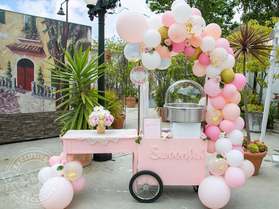 Among the other sweets options (yes, there were more!) was a pink-powered cotton-candy cart by <a rel="nofollow noopener" href="https://swoonful.com/" target="_blank" data-ylk="slk:Swoonful;elm:context_link;itc:0;sec:content-canvas" class="link ">Swoonful</a> and a <a rel="nofollow noopener" href="https://www.subzeroicecream.com/" target="_blank" data-ylk="slk:Sub Zero Ice Cream;elm:context_link;itc:0;sec:content-canvas" class="link ">Sub Zero Ice Cream</a> booth. The latter provided custom frozen desserts — including Skylar's Shower Cake (cake-batter ice cream with cookie dough and rainbow sprinkles), Rossi's "Rocking" Road (chocolate ice cream with marshmallows and almond slices), Slade's "Sleepy" Salted Caramel (salted-caramel ice cream with pretzels) and Family Fruity Fusion (raspberry and marshmallow ice cream with mixed berries).