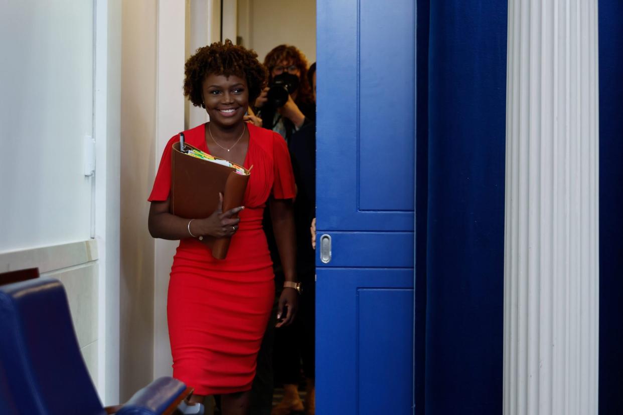 WASHINGTON, DC - MAY 16: Newly appointed White House Press Secretary Karine Jean-Pierre walks into the Brady Press Briefing Room for her first briefing at the White House on May 16, 2022 in Washington, DC. Stepping into her new role after Jen Psaki left the White House, Jean-Pierre is the first immigrant, first Black person and the first openly LGBTQ person to be the White House press secretary. (Photo by Chip Somodevilla/Getty Images)