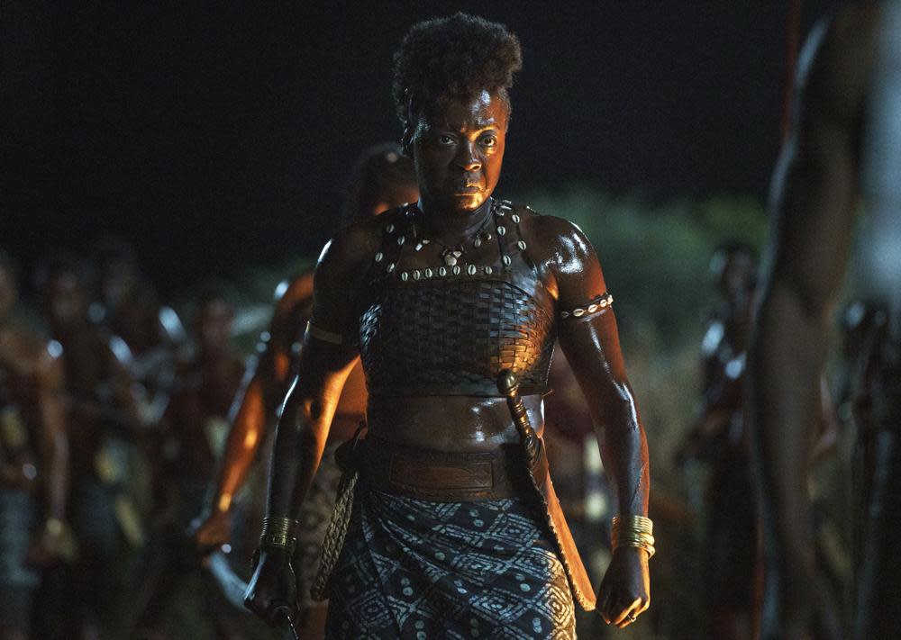 This image released by Sony Pictures shows Viola Davis in “The Woman King.” (Sony Pictures via AP)
