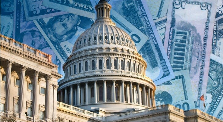 Congress with U.S. dollar bills in the background