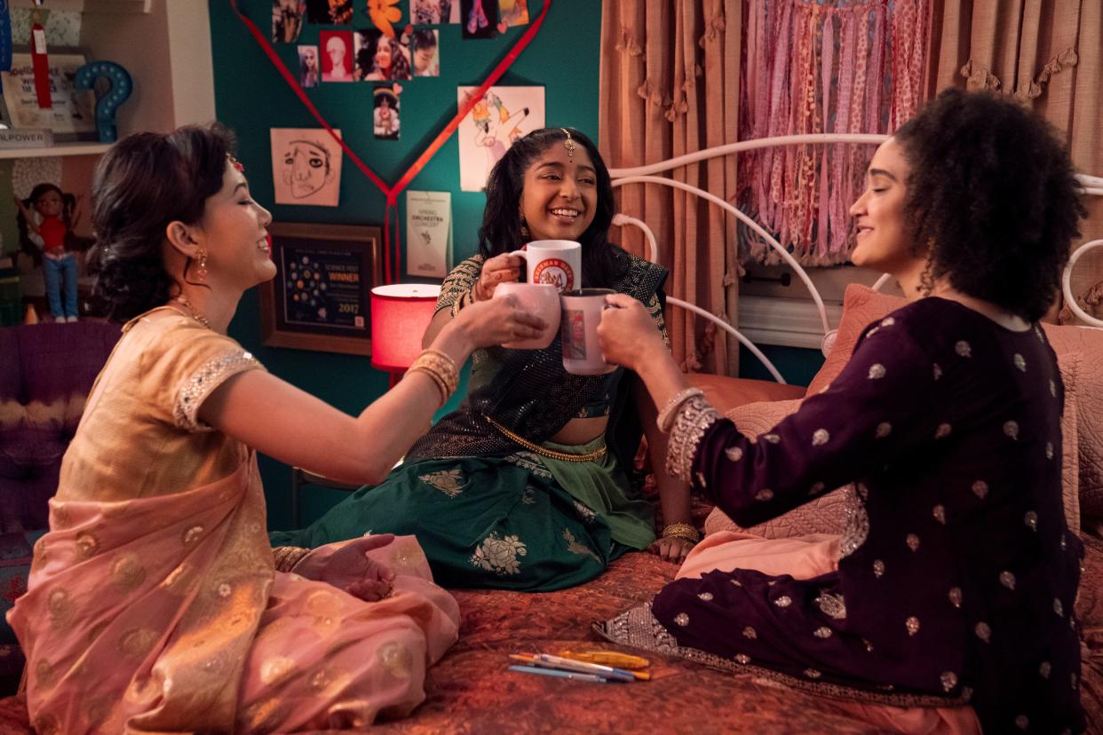 Ramona Young as Eleanor Wong, Maitreyi Ramakrishnan as Devi and Lee Rodriguez as Fabiola Torres in the series finale of "Never Have I Ever."