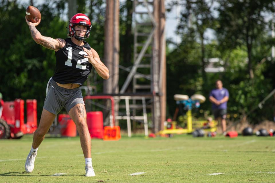 Senior quarterback Aaron McLaughlin throws during a tempo drill during the first day of the Jacksonville State football preseason camp on Wednesday, July 27, 2022.