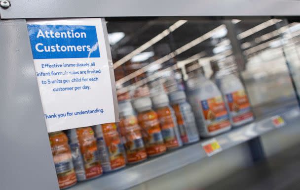 PHOTO: A warning sign is displayed as Shelves are empty at a Walmart store during a baby formula shortage in North Bergen, NJ,  May 26, 2022. (View Press/Corbis via Getty Images, FILE)