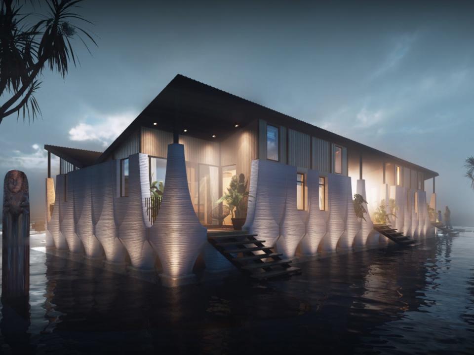 rendering of a 3d printed home surrounded by floods