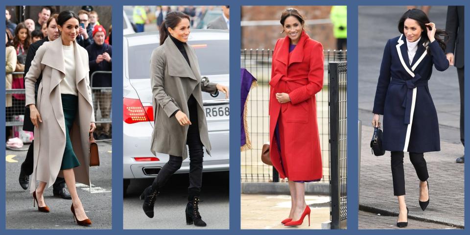 <p>The Duchess of Sussex is known for many things, her<a href="https://www.townandcountrymag.com/style/fashion-trends/g3272/meghan-markle-preppy-style/" rel="nofollow noopener" target="_blank" data-ylk="slk:excellent taste among them;elm:context_link;itc:0;sec:content-canvas" class="link "> excellent taste among them</a>. Ever since she stepped onto the scene with Prince Harry for the very first time (at the Invictus Games in 2017), Meghan Markle has made designers such as <a href="https://www.townandcountrymag.com/style/fashion-trends/a27078695/meghan-markle-sarah-flint-shoes-interview/" rel="nofollow noopener" target="_blank" data-ylk="slk:Sarah Flint;elm:context_link;itc:0;sec:content-canvas" class="link ">Sarah Flint</a>, <a href="https://www.townandcountrymag.com/style/fashion-trends/a33324509/misha-nonoo-fashion-designer-fry-powers-collaboration-interview/" rel="nofollow noopener" target="_blank" data-ylk="slk:Misha Nonoo;elm:context_link;itc:0;sec:content-canvas" class="link ">Misha Nonoo</a>, and so many more household names. The Duchess loves an eco-friendly and ethical label, she leans towards clean lines and classic silhouettes with a modern edge, and lord knows, her coat game is strong. In particular: her penchant for wrap coats. </p><p>Markle often lean on the stylish staple, with its shawl collars—and has amassed a collection of jackets in various hues to trot out for her various public appearances. Seeing as it is fall and we could all do for some cool-weather outfit inspiration with some polish, here, Meghan's most iconic wrap coat moments. </p>