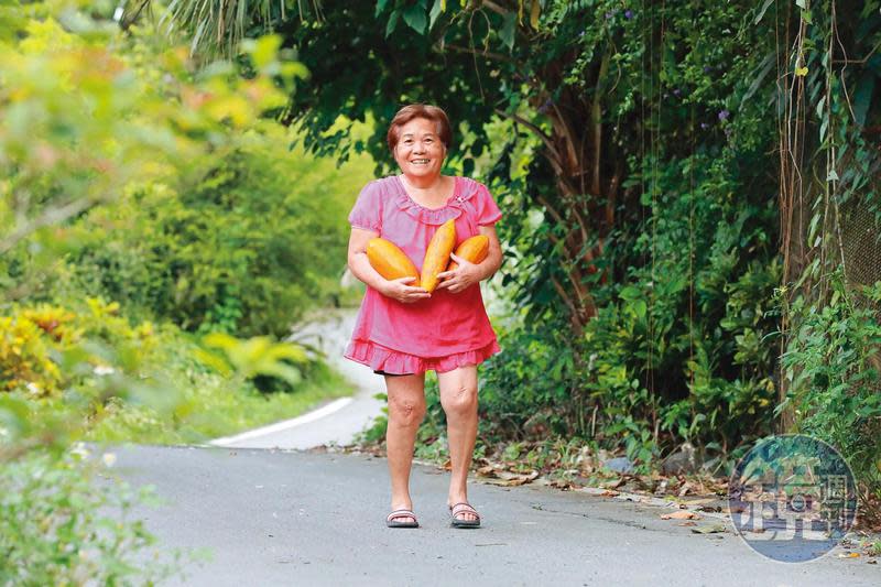林秀英如今在台南市南化區，過著恬淡的生活。 見我們來訪，她堅持要我們帶幾顆她女兒栽種的木瓜作為伴手禮。 
