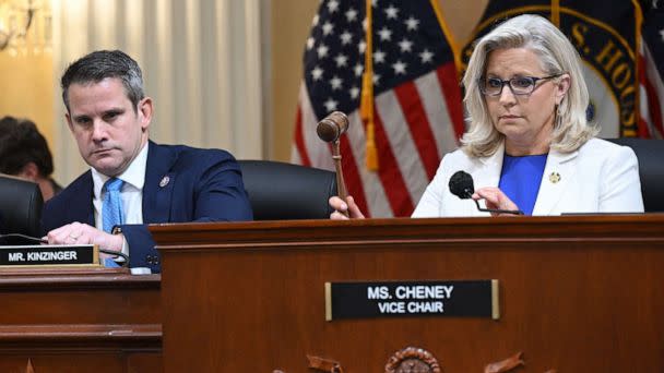 PHOTO: Rep. Liz Cheney and Rep. Adam Kinzinger arrive for a hearing by the House Select Committee to investigate the Jan. 6 attack, July 21, 2022, in Washington, D.C.  (Saul Loeb/AFP via Getty Images)