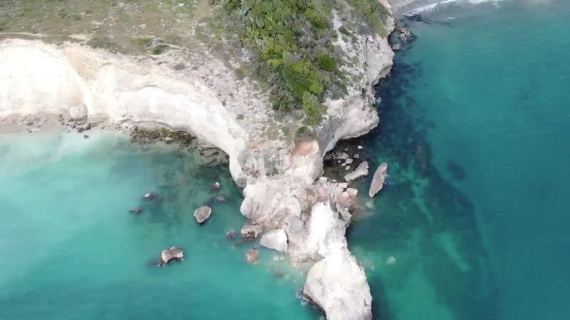 A screen grab taken from aerial footage shows damages left by the earthquake at Punta Ventana near Guayanilla