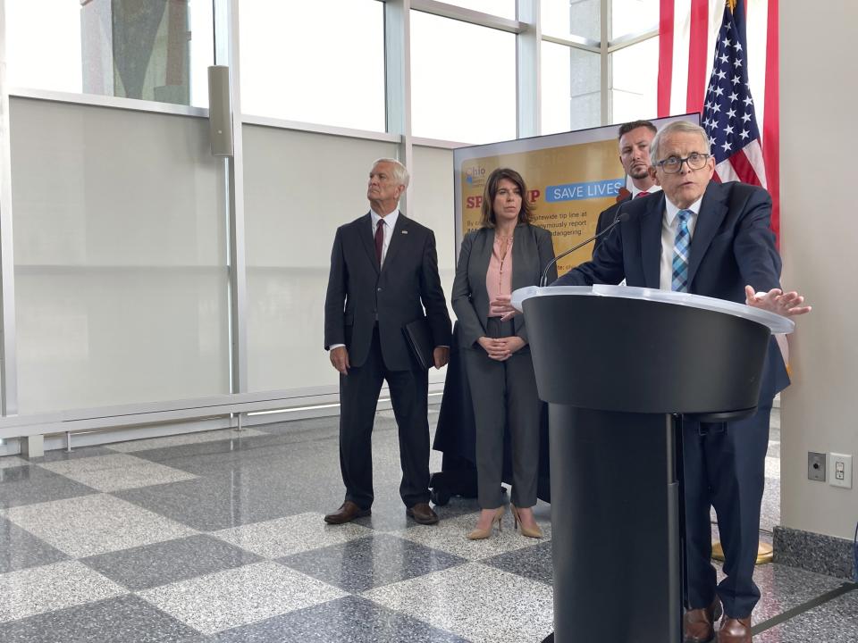 Ohio Gov. Mike DeWine discusses a law that gives school districts the option of arming trained school employees, on Monday, June 13, 2022, in Columbus, Ohio. The Republican DeWine signed the bill into law Monday and ordered the Ohio School Safety Center to require a maximum of 24 hours of initial training and eight hours of annual training. (AP Photo/Andrew Welsh-Huggins)