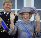 FILE - In this Sept. 21, 2010 file photo Dutch Queen Beatrix, right, and Dutch Crown Prince Willem-Alexander, left, wave to wellwishers from the balcony of Royal Palace Noordeinde after the Queen officially opened the new parliamentary year in The Hague, Netherlands. The Dutch Royal House says Queen Beatrix will deliver a nationally televised speech on Monday, Jan. 28, 2013 and speculation is growing that the popular monarch will announce she is to abdicate in favor of Crown Prince Willem Alexander. Beatrix, who turns 75 on Thursday, has ruled the nation of 16 million for more than 32 years and would be succeeded by her eldest son, Crown Prince Willem-Alexander. (AP Photo/Peter Dejong, File)