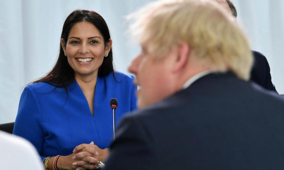 Priti Patel with Boris Johnson at a cabinet meeting in Sunderland.