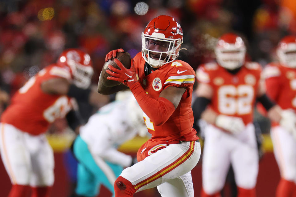 Rashee Rice, receptor de los Kansas City Chiefs, se ha convertido en una de las opciones más confioables para Patrick Mahomes en estos playoffs. (Foto: Jamie Squire/Getty Images)