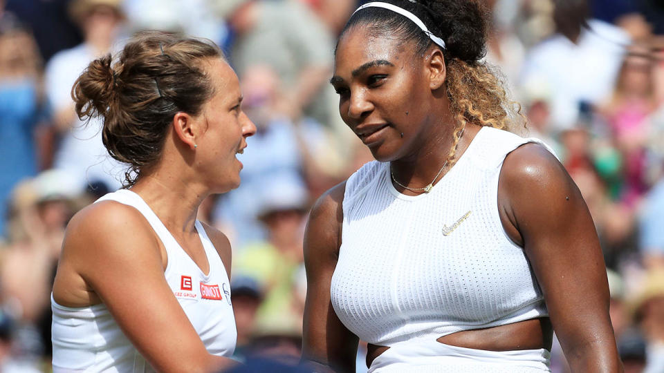 Serena Williams shakes hands with Barbora Strycova after their match at Wimbledon. (Photo by Simon Stacpoole/Offside/Getty Images)