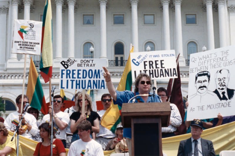 Proponents of a free Lithuania gather on Capitol Hill on June 2, 1990, to urge freedom for the Baltic state. On February 9, 1991, Lithuanians overwhelmingly voted to secede from the Soviet Union. File Photo by Richard Tomkins/UPI