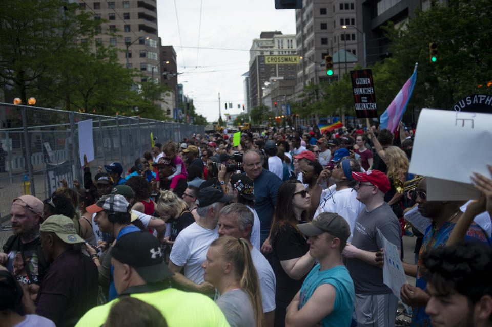 Between 500 and 600 protesters gathered to protest a rally for a KKK-affiliated group at Courthouse Square on May 25, 2019 in Dayton, Ohio. | Matthew Hatcher—Getty Images