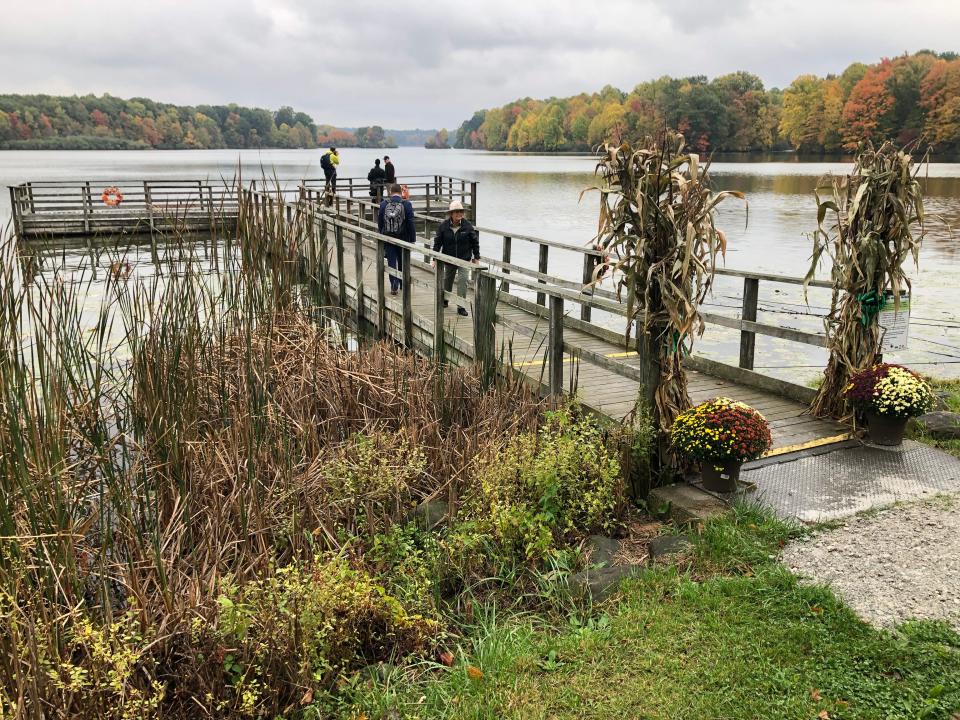 A pier looks out from the site along Worster Lake at Potato Creek State Park in North Liberty where an inn will be built, as seen Thursday, Oct. 19, 2023.
