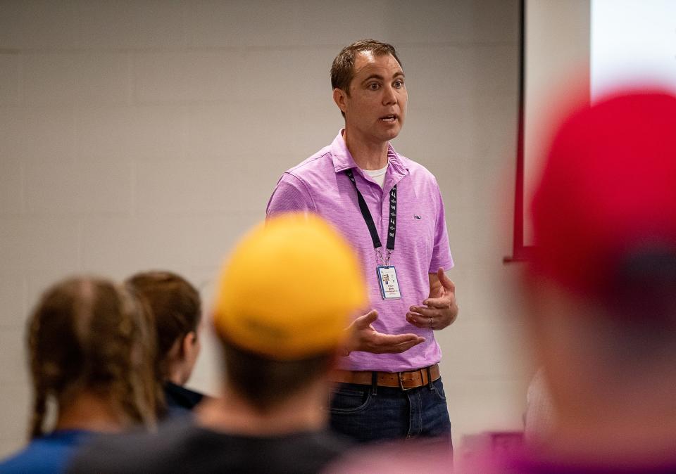 Dr. Will Farmer, Churchill Downs Inc.'s Equine Medical Director, spoke during a presentation of StrideSAFE sensor technology at Churchill Downs' Equine Medical Center on Monday morning. June 26, 2023. 