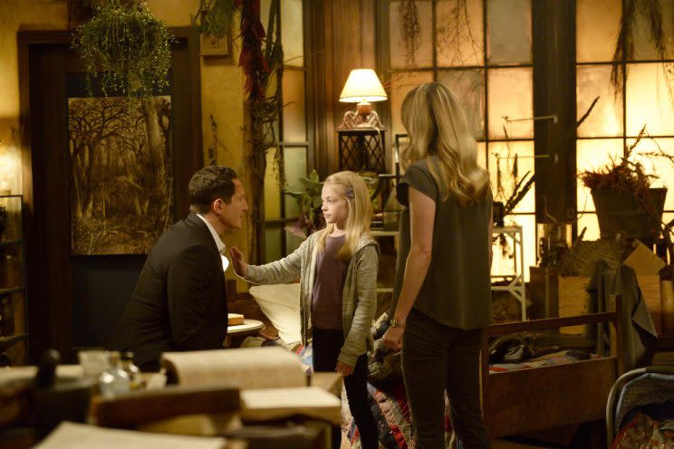 Sasha Roiz as Sean Renard, Hannah R. Loyd as Diana, and Claire Coffee as Adalind Schade (Photo by: Allyson Riggs/NBC)