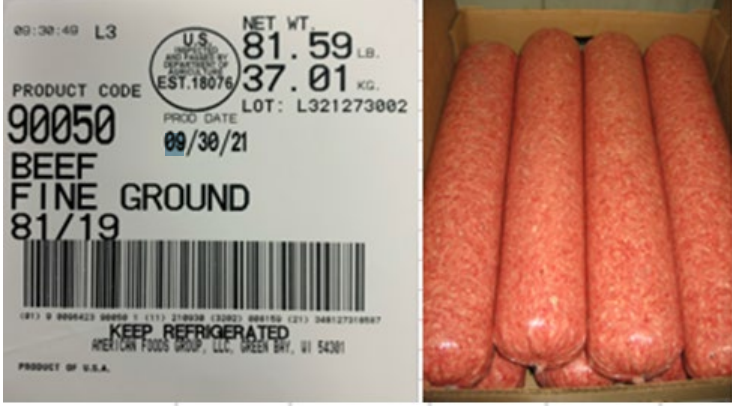 An example of American Foods Group, doing business as Green Bay Dressed Beef, raw ground beef being recalled: Beef Fine Ground 81/19, Product Code 90050, and Lot Code D123226026.