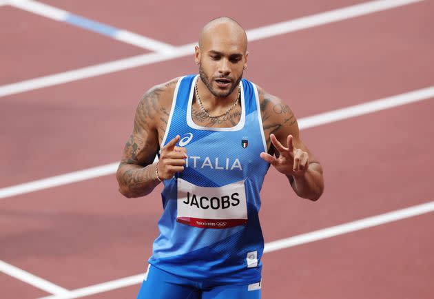 TOKYO, JAPAN - JULY 31: Lamont Marcell Jacobs of Team Italy celebrates after competing in the Men's 100m Round 1 heats on day eight of the Tokyo 2020 Olympic Games at Olympic Stadium on July 31, 2021 in Tokyo, Japan. (Photo by Christian Petersen/Getty Images) (Photo: Christian Petersen via Getty Images)