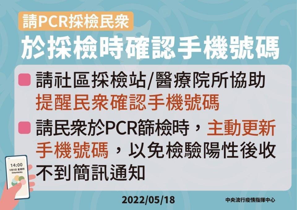 指揮中心再次提醒民眾，採檢時要確認手機號碼。（指揮中心提供）