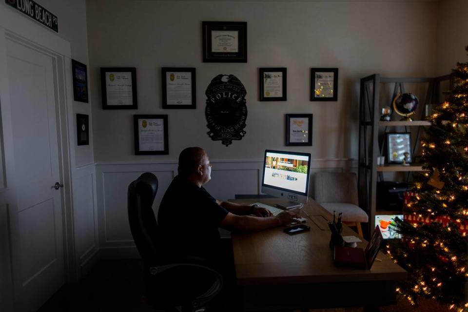 Jorge Grajeda, a retired Long Beach police officer, in his home office near Eagle. When Grajeda visited Idaho he was struck by how safe he felt. “That’s how it used to be when I was a little kid,” he said.