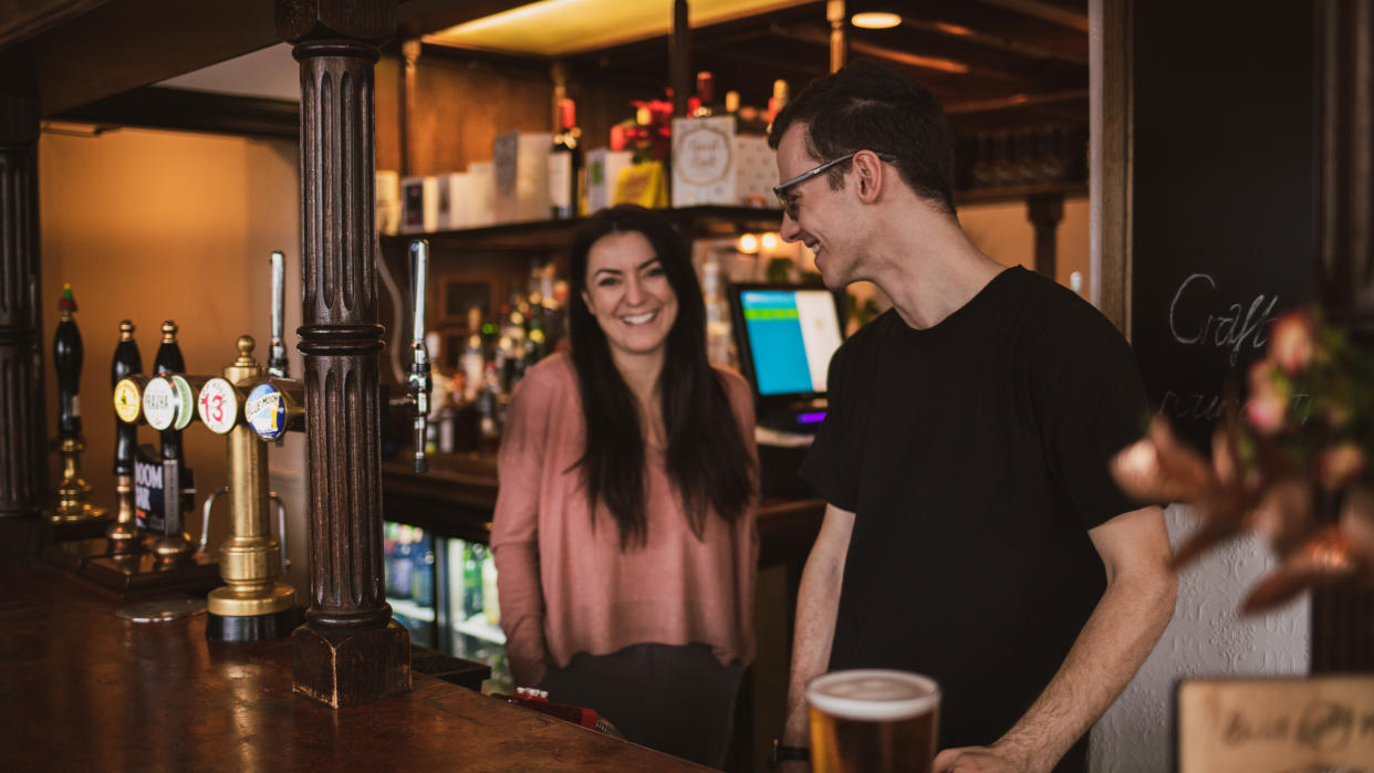 The lockdown meant the Angel & Crown in Bow, east London, had to close shortly after reopening under new landlady Mel Keown (pictured, left, with a colleague) but is selling takeaway pints. (Liva Puce)