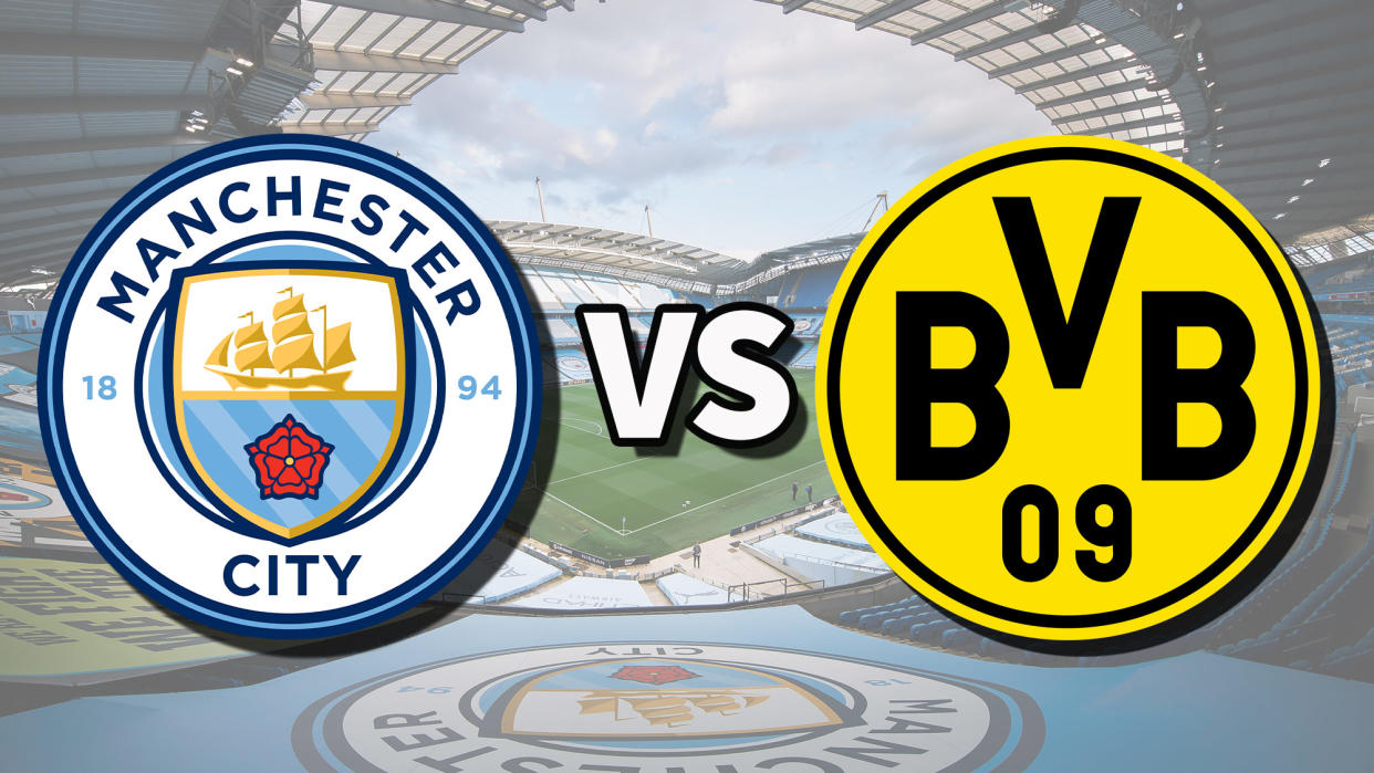  The Manchester City and Borussia Dortmund club badges on top of a photo of the Etihad Stadium in Manchester, England 